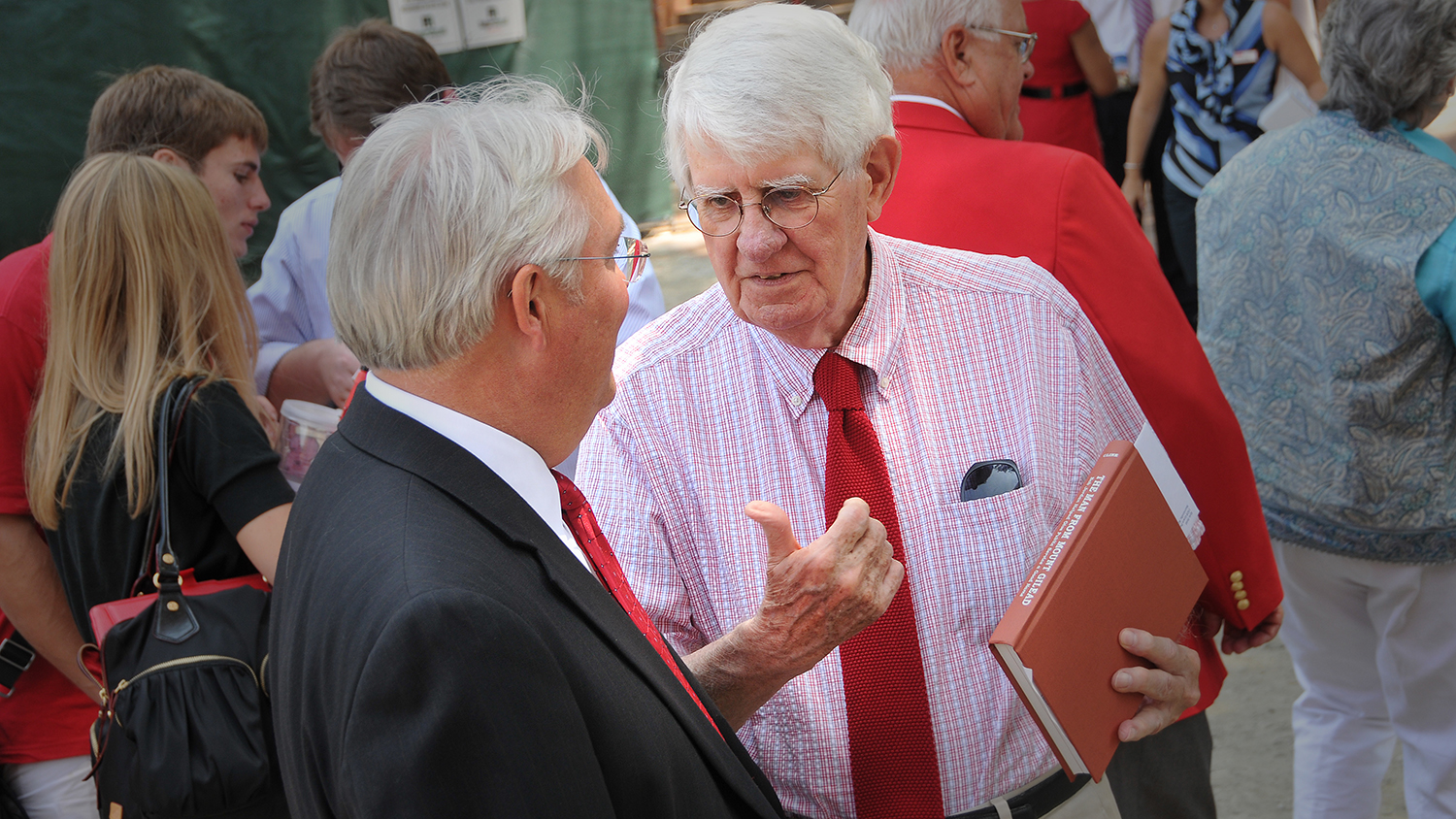 Chancellor Randy Woodson (left) and Vice Chancellor of Student Affairs Emeritus, Dr. Banks C. Talley, Jr. (for whom Talley Student is named) talk following the groundbreaking ceremony.