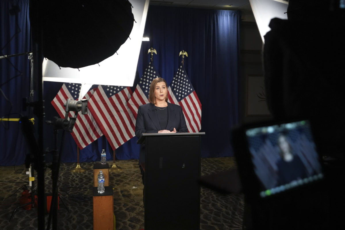 WYANDOTTE, MICHIGAN - MARCH 4:  Sen. Elissa Slotkin (D-MI) rehearses the Democratic response to President Donald Trump's address to a joint session of Congress on March 4, 2025 in Wyandotte, Michigan.  (Photo by Paul Sancya - Pool/Getty Images)